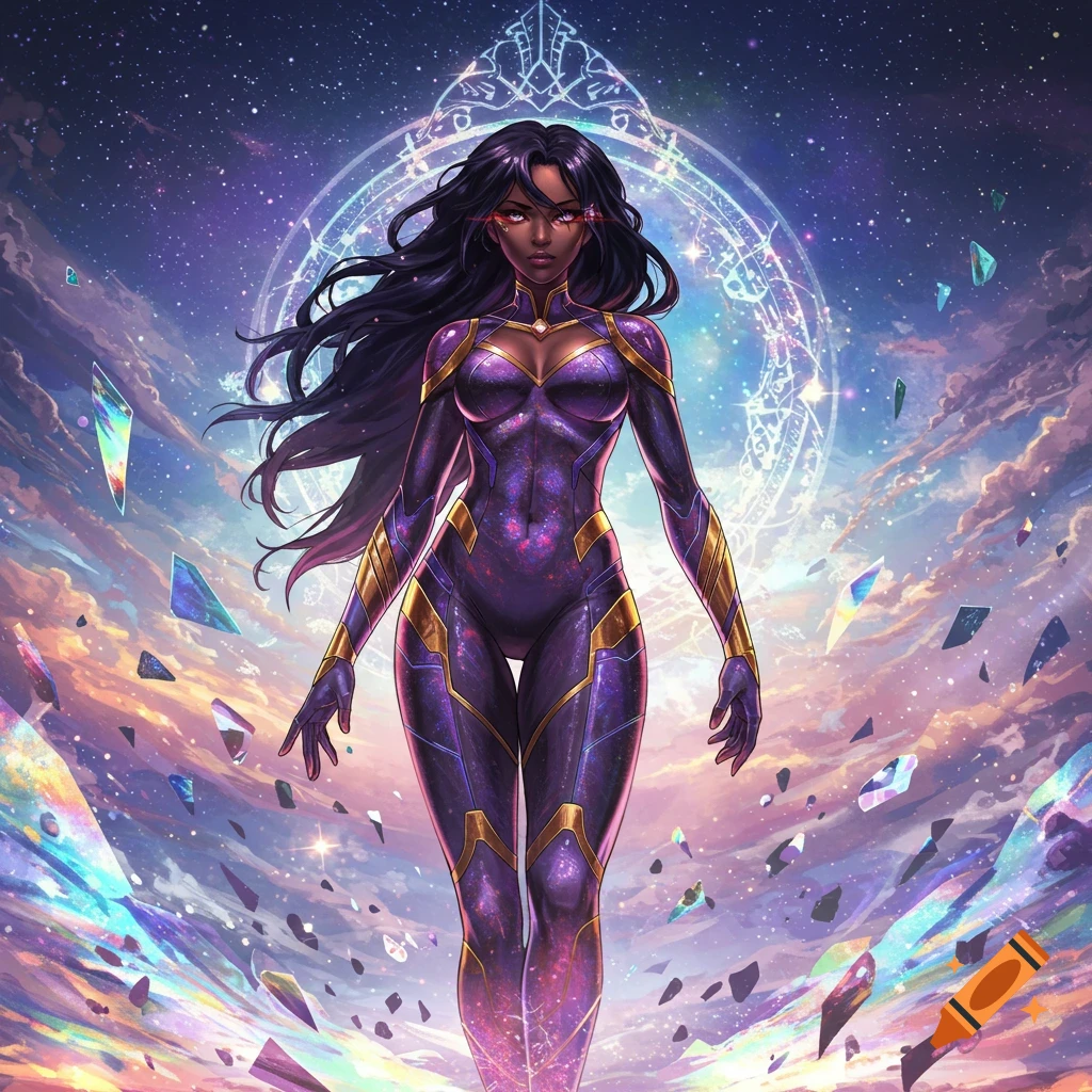 Dark-skinned anime character in a purple and gold superhero suit, with long hair and glowing red eyes, standing in a cosmic setting with floating crystals.