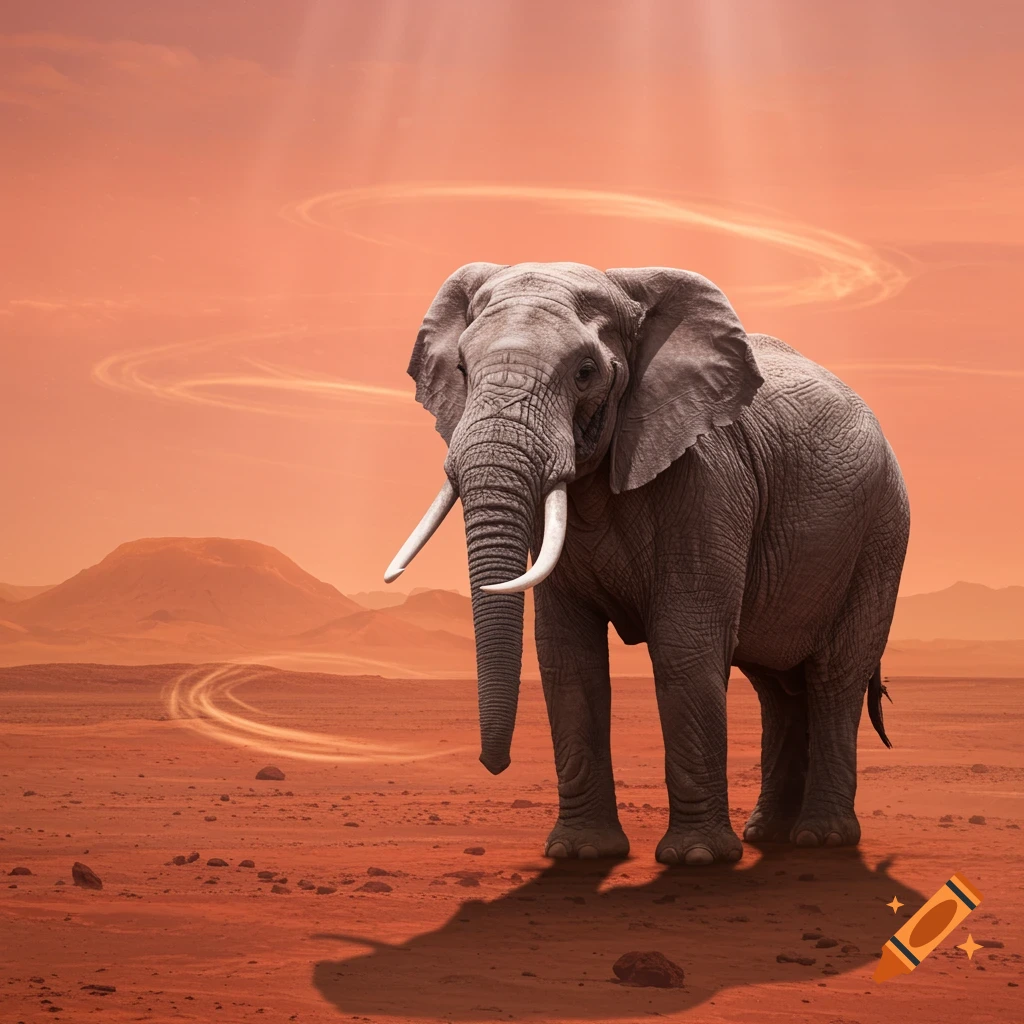 A hyperrealistic elephant stands on a desolate, red Martian landscape under an orange sky with swirling light patterns.