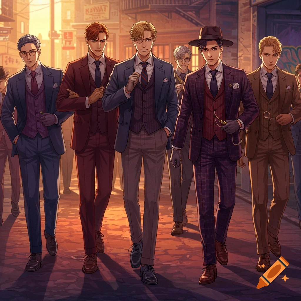 Anime-style illustration of several dapper men in suits walking down a city street at sunset.