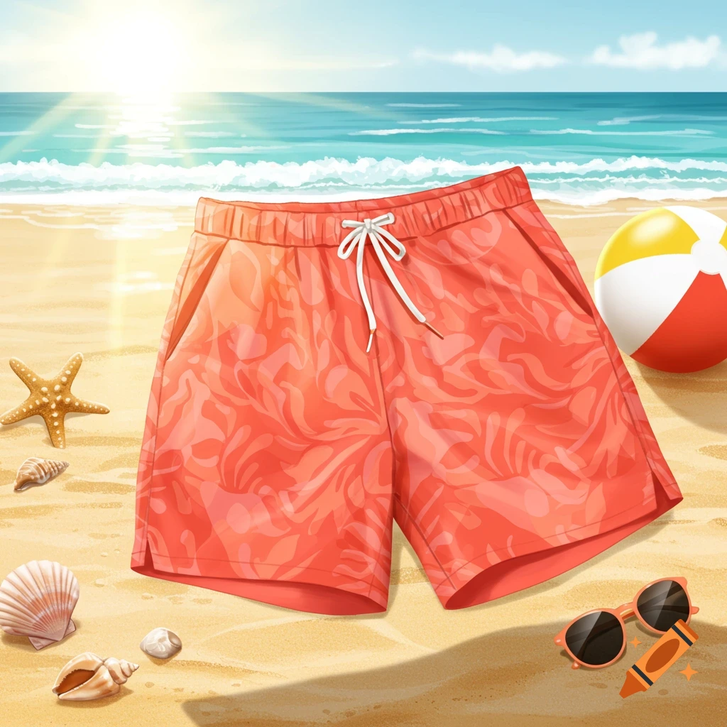 A pair of red patterned swim shorts lie on a sandy beach next to a starfish, seashells, sunglasses, and a beach ball, with the ocean in the background.