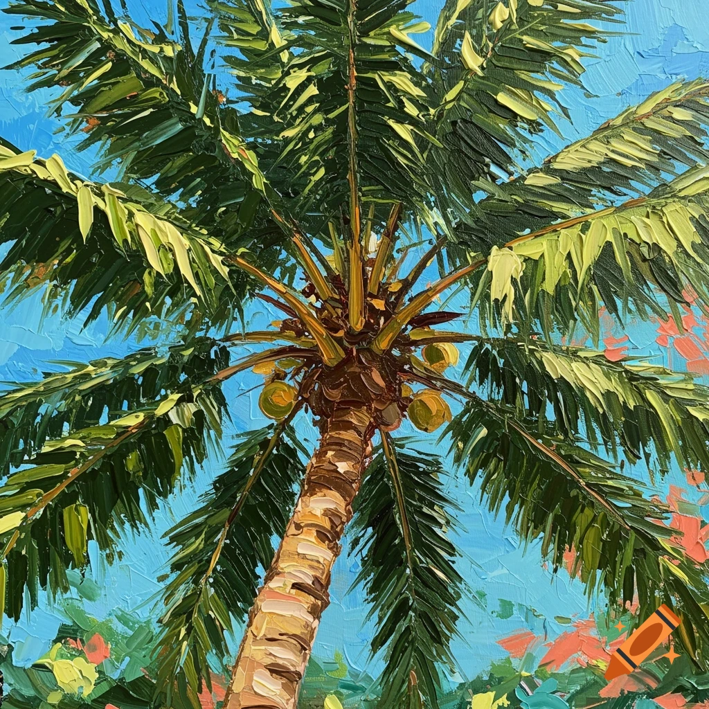 An impasto painting of a palm tree with coconuts seen from below against a blue sky.