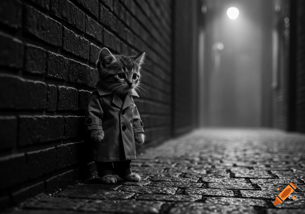 A cute kitten in a trench coat leans against a brick wall in a dark, wet, black and white film noir alley.