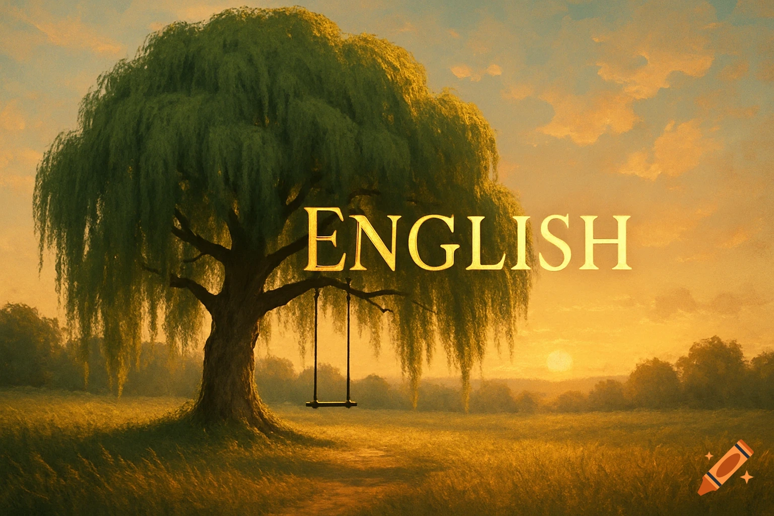 A picturesque meadow with a large willow tree, a swing, and golden sunset. The word 'ENGLISH' is displayed in gold letters.