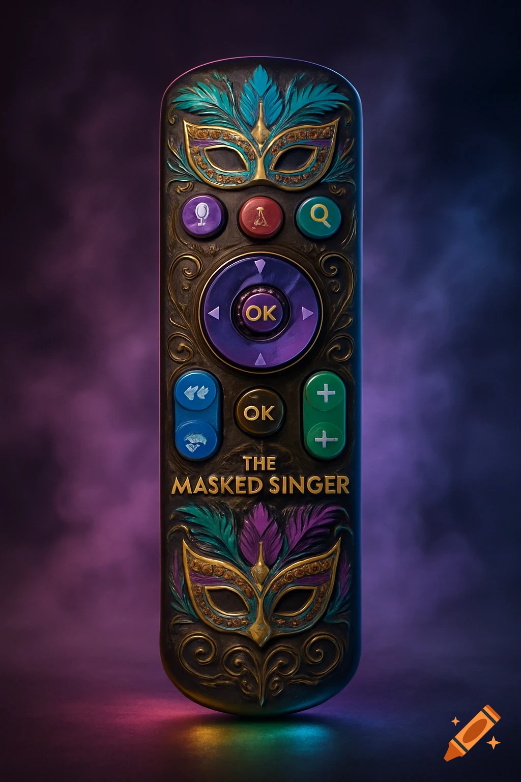 A stylized TV remote decorated with a gold and turquoise Mardi Gras mask, intricate scrollwork, and 'The Masked Singer' text on a purple background.