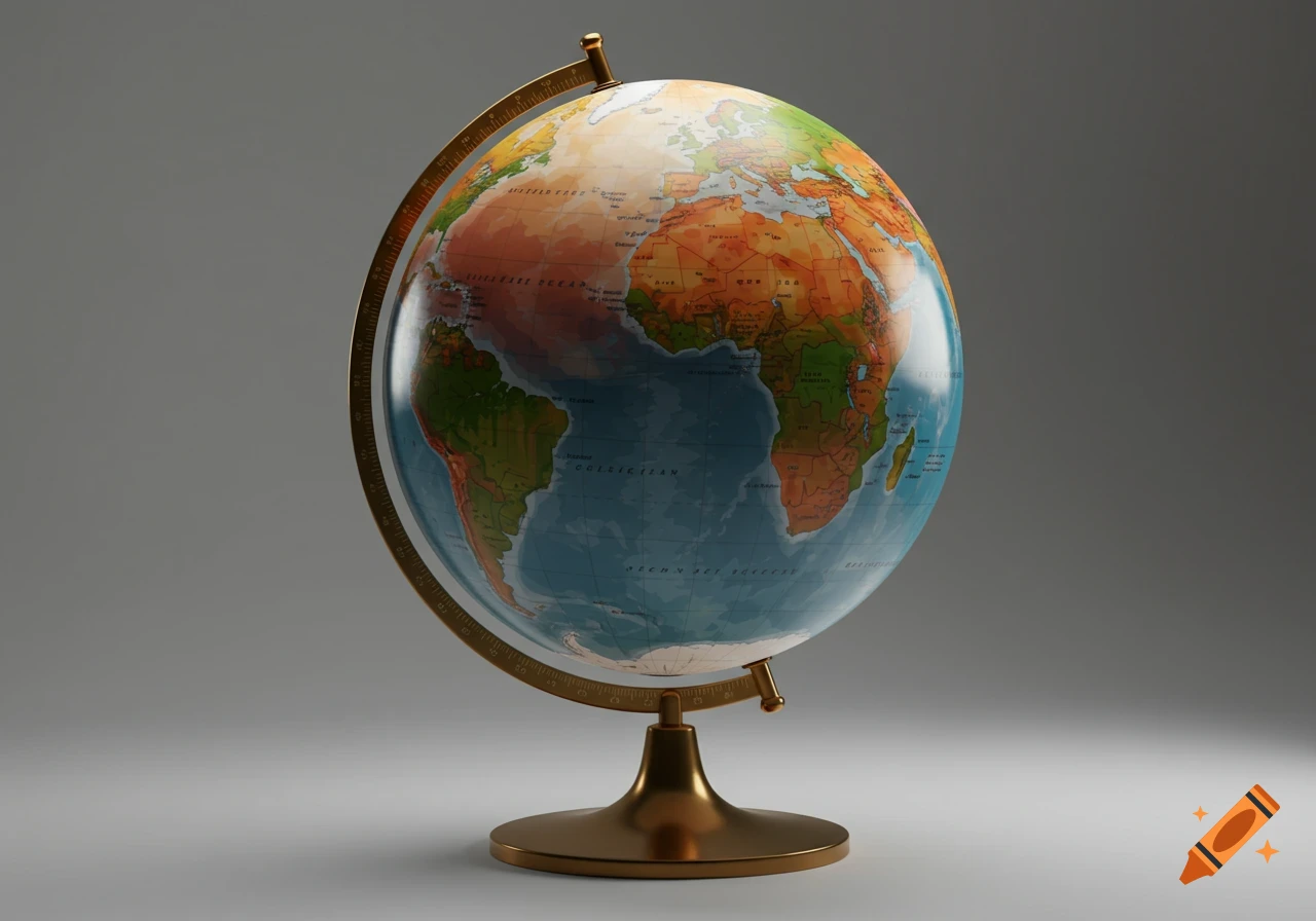 A detailed, photorealistic globe on a golden stand, set against a smooth gray background.