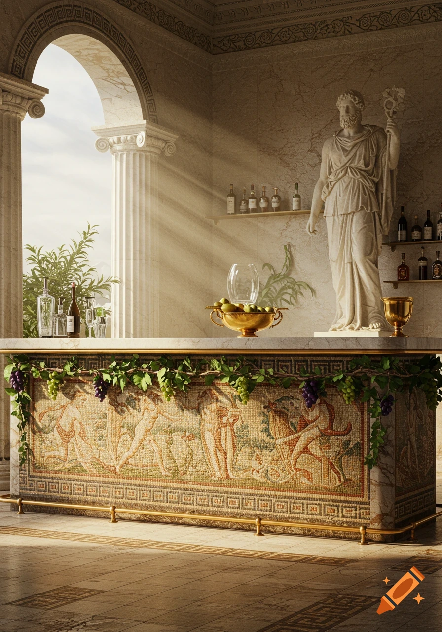 A detailed Greek-style bar with marble architecture, a classical statue, mosaic counter, and sunlight streaming through an archway.
