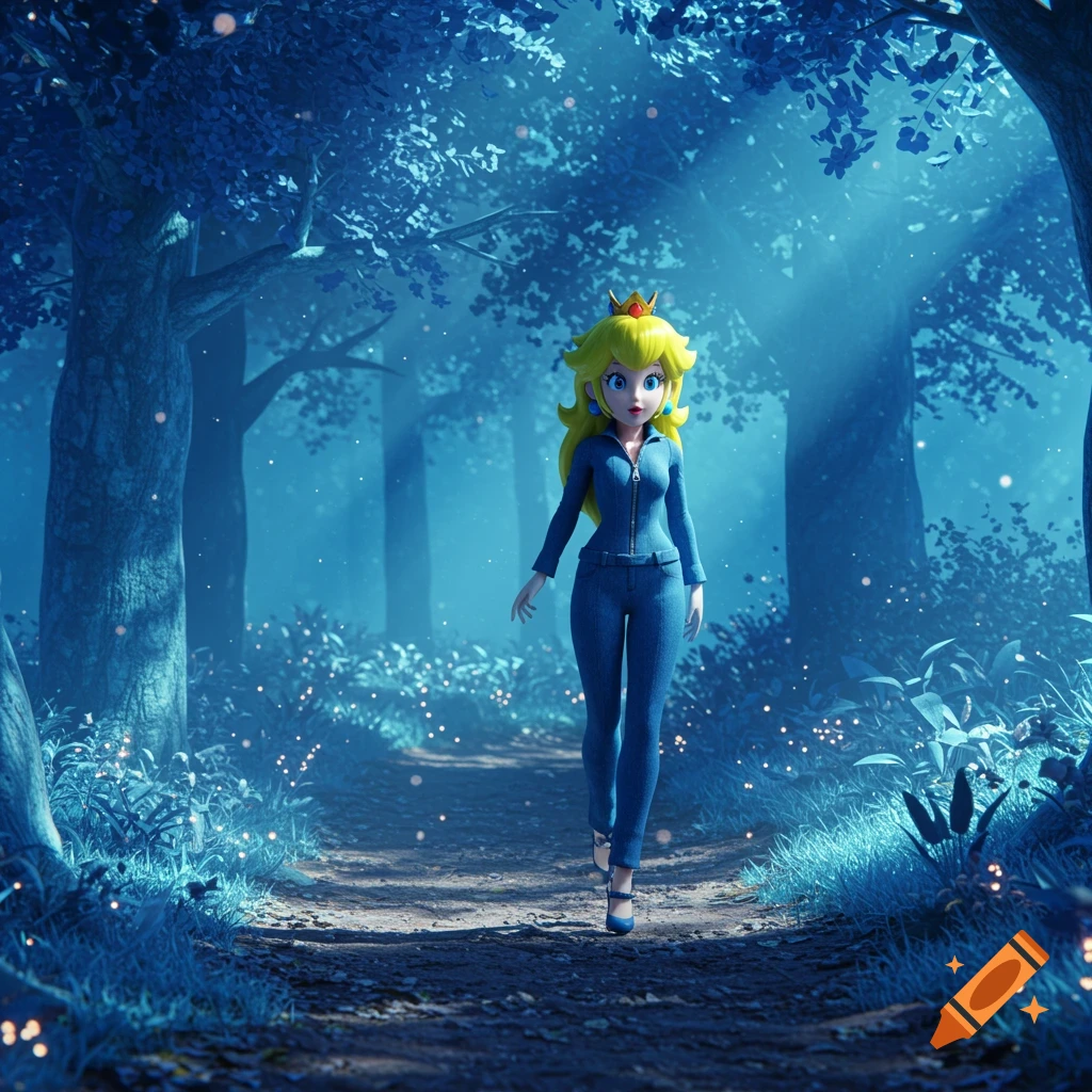 A 3D rendered Princess Peach in a blue denim jumpsuit walks on a glowing path in a mystical blue forest.