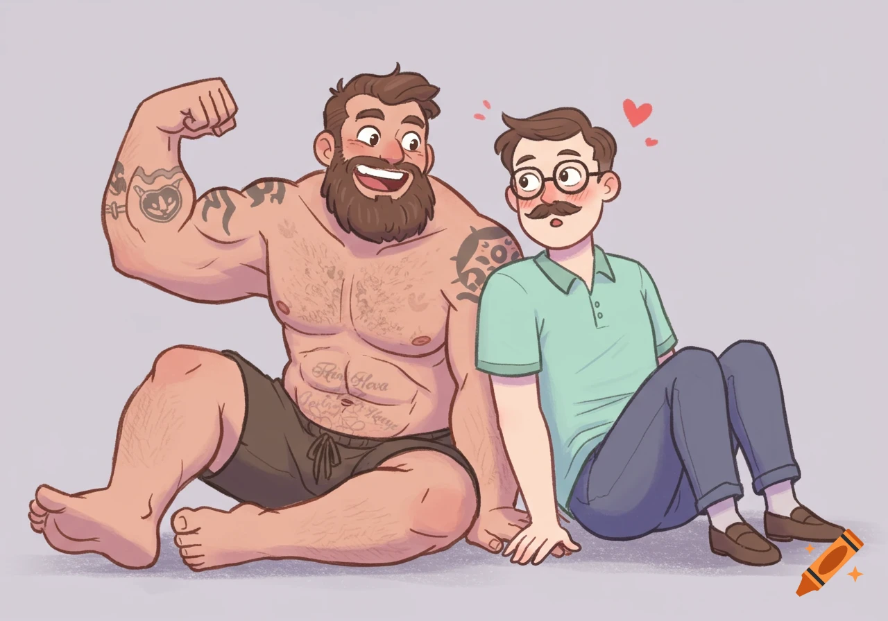 A cartoon illustration of two boyfriends. A muscular, bearded man with tattoos flexes his bicep beside another man with glasses and a mustache looking at him admiringly.