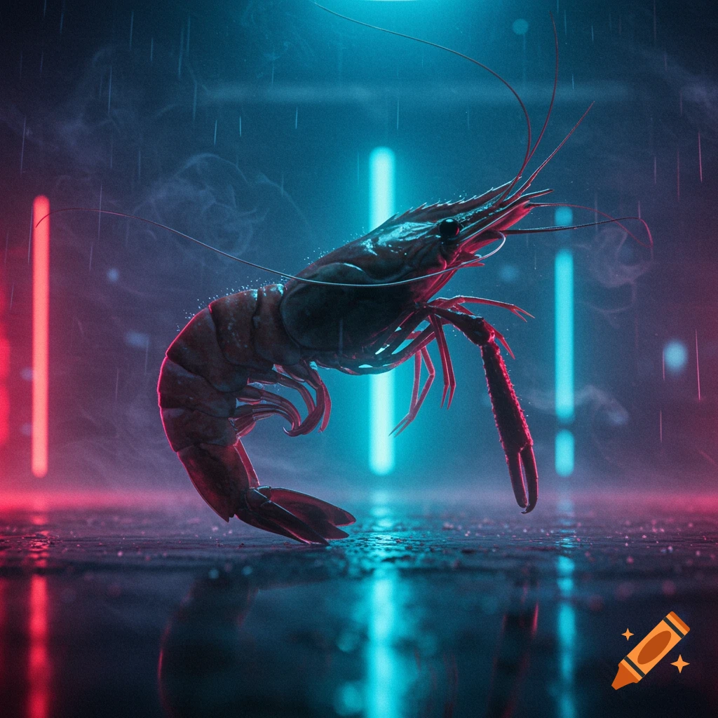 A large prawn on a wet, reflective surface in a dark, smoky, neon-lit environment with vertical red and blue lights.