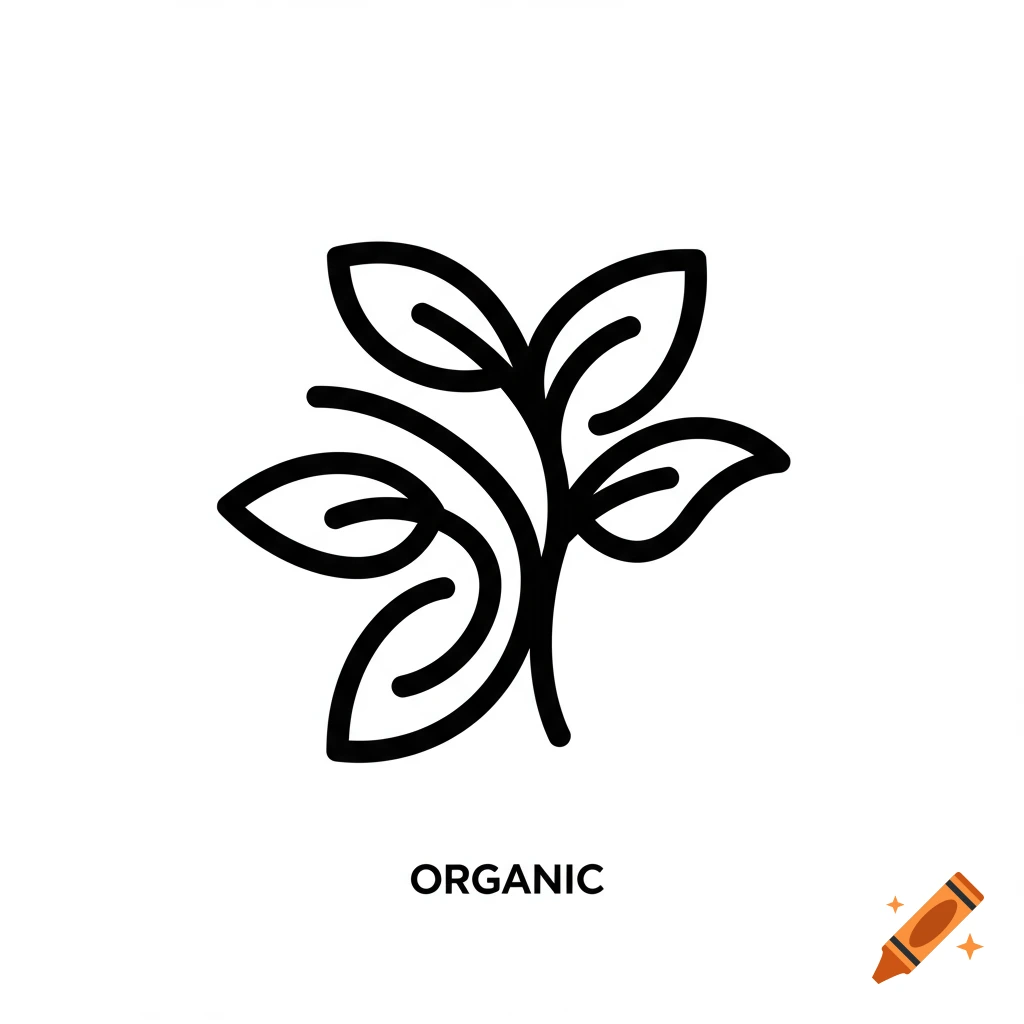 A black and white minimalist icon of a plant with several leaves and vines, with the word 'ORGANIC' in bold below it.