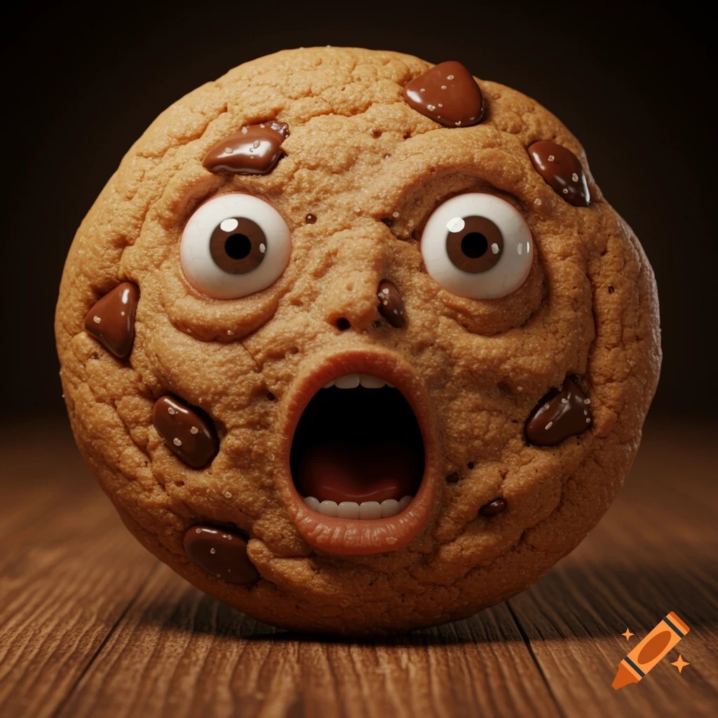 Photorealistic chocolate chip cookie with wide, screaming eyes and open mouth on a wooden surface.
