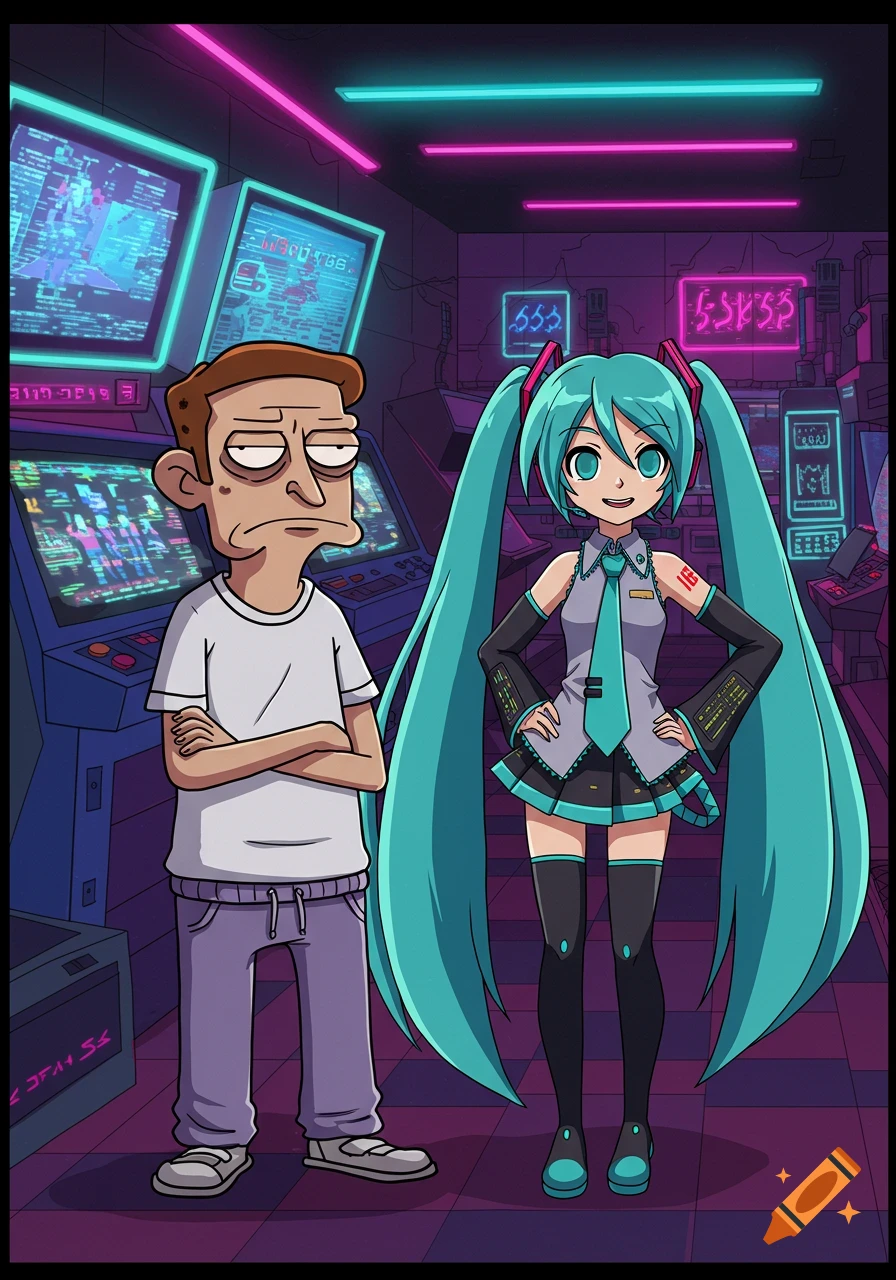 Jerry Smith from Rick and Morty stands with Hatsune Miku in a retro-futuristic room with neon lights and computer screens.