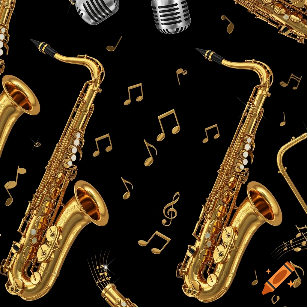 Seamless pattern of shiny gold saxophones, silver microphones, and gold music notes on a black background.