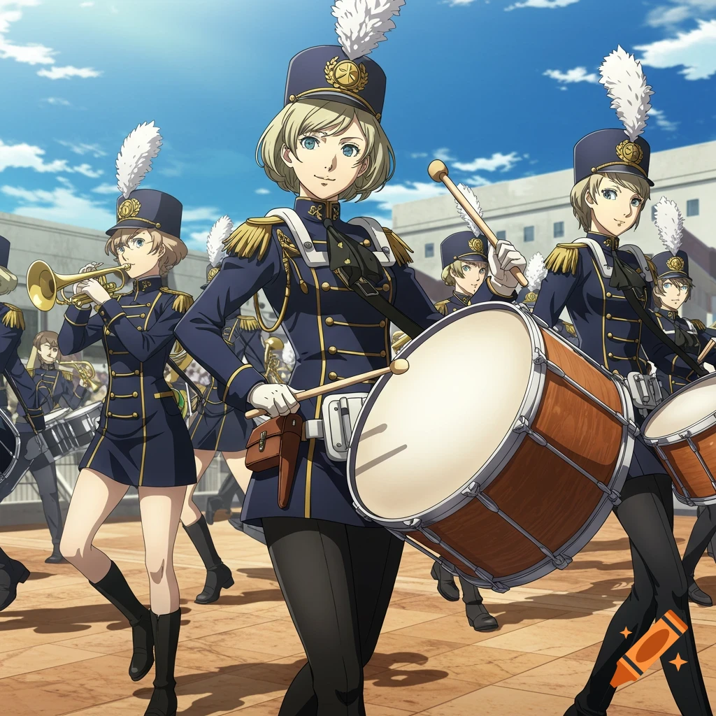 Anime-style women in dark blue and gold marching band uniforms play drums and trumpets during a parade, under a blue sky.