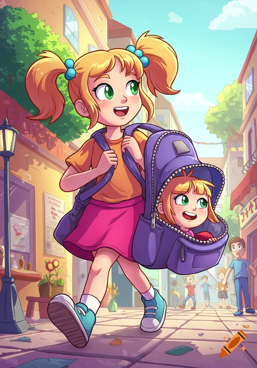 A cheerful cartoon girl carries another smaller cartoon girl's head sticking out of her purple backpack, walking down a sunny street.