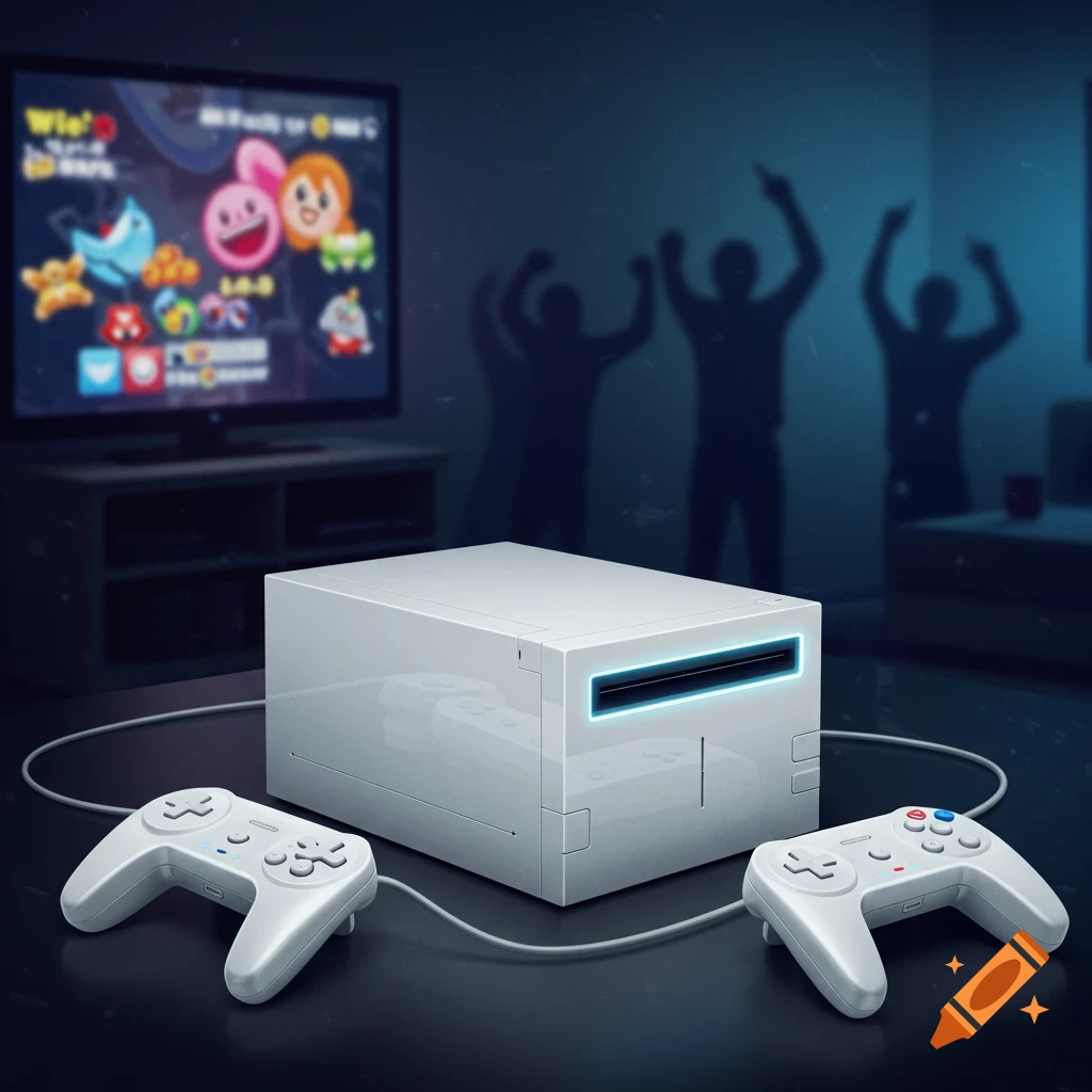 A white video game console with a glowing blue slot sits on a dark surface, flanked by two wired white controllers. A blurry TV screen in the background displays a colorful cartoon game with character faces, while dark silhouettes of people with raised arms are visible on the wall.