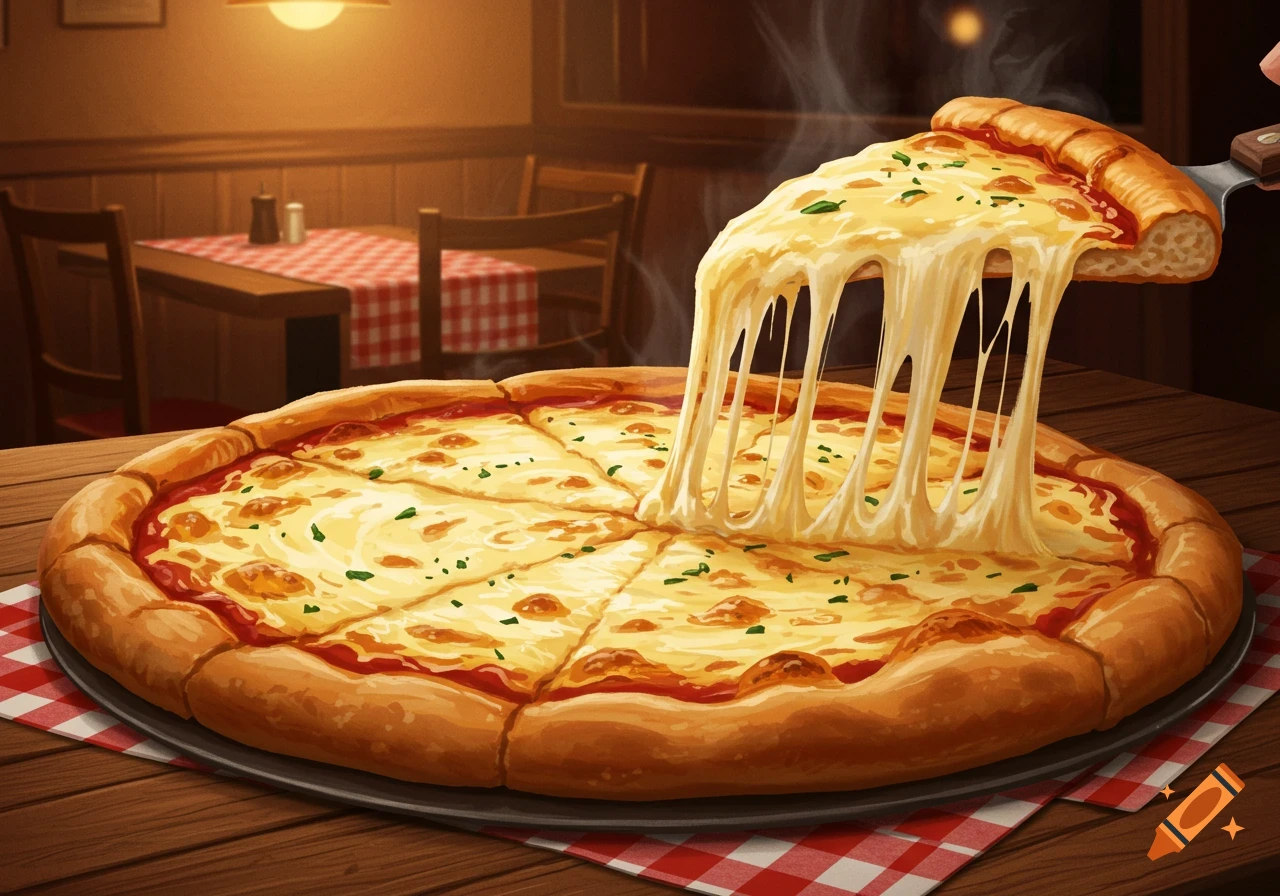 A large, hot pizza with melted cheese being pulled from a slice, on a table in a dimly lit restaurant.