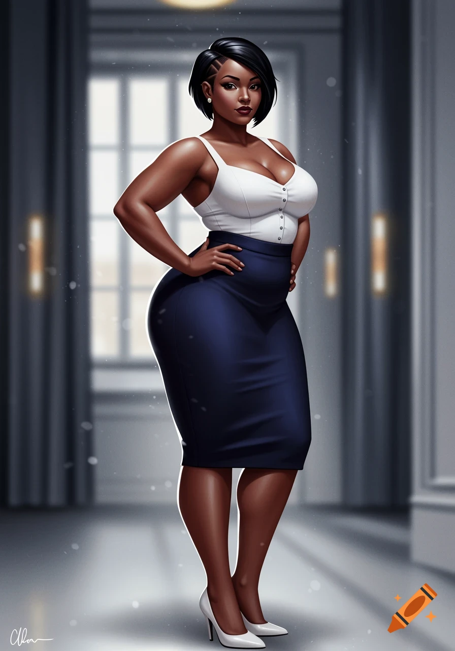 Digital art of a confident Black woman in a white top and navy skirt standing in a hallway.