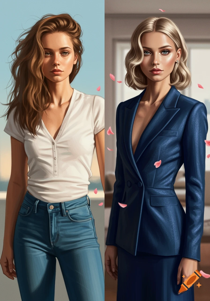 Digital art portrait showing a woman's style makeover: before (long brown hair, t-shirt, jeans) and after (short blonde hair, blue suit).
