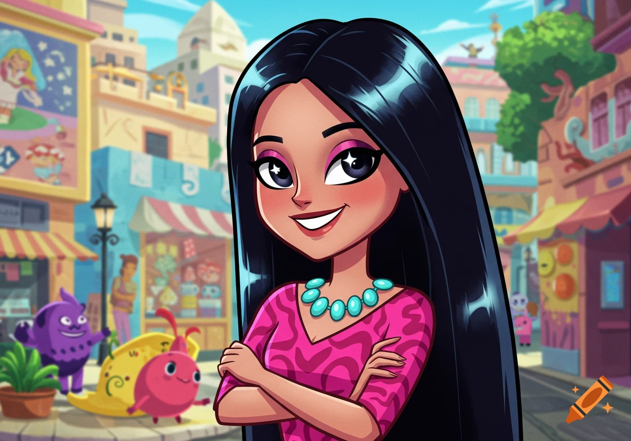 A smiling cartoon woman with long black hair and a pink patterned top crosses her arms in front of a colorful, bustling town square.