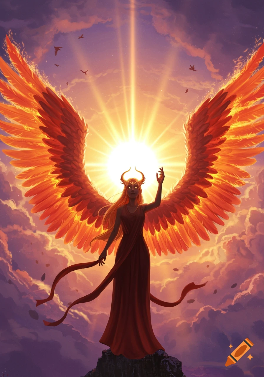 A mythical woman with fiery phoenix wings and horns stands against a bright, beaming sun in a vibrant sky, raising her arm in a majestic fantasy digital art style.