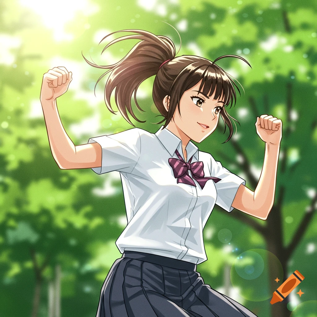 Anime girl with ponytail in school uniform, arms raised, smiling, in a sunny park.