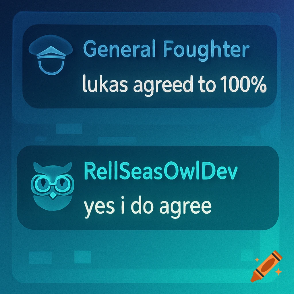 A Discord chat showing General Foughter saying 'lukas agreed to 100%' and RellSeasOwlDev responding 'yes i do agree'.