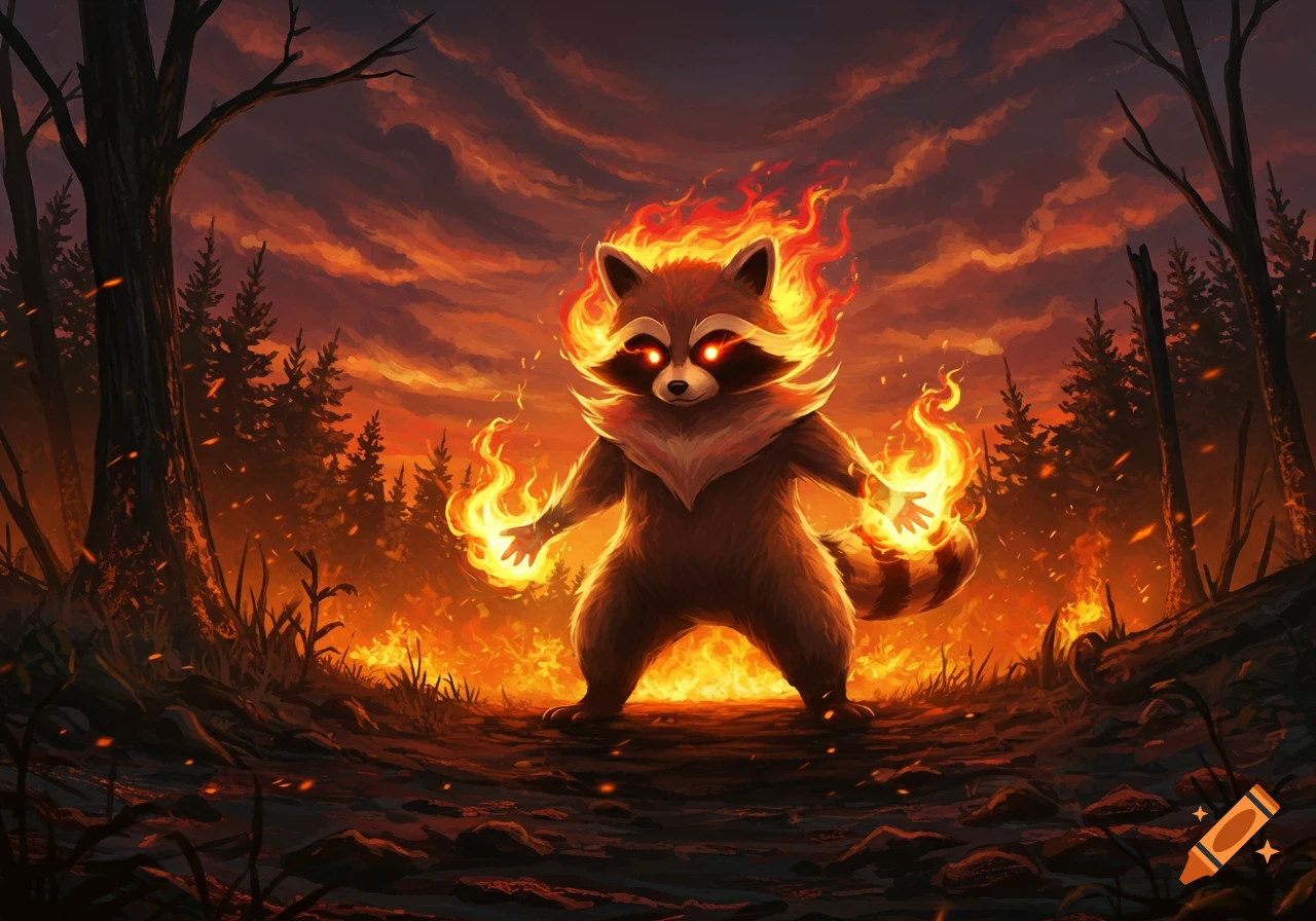 A stylized fire raccoon with glowing eyes and flames on its body and hands, standing in a burning forest at sunset.