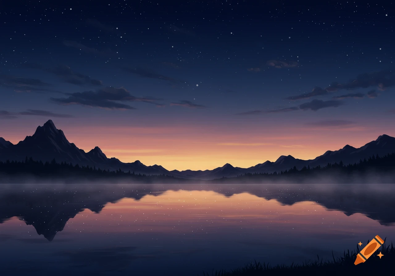 A serene landscape with dark mountains reflecting in a calm lake under a starry, twilight sky with a colorful horizon.
