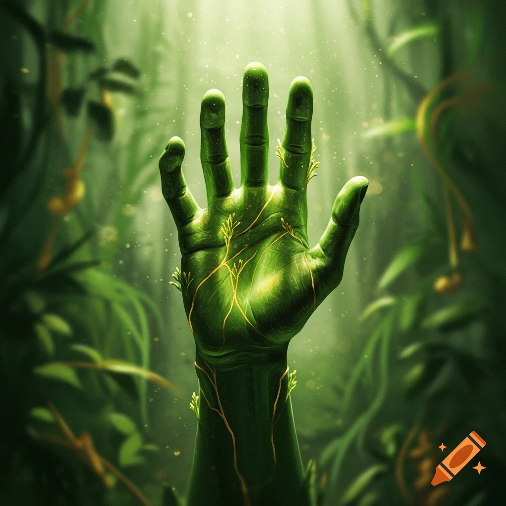 A mystical green hand, interwoven with glowing yellow vines, reaches up in a dark, misty jungle with light rays shining through.