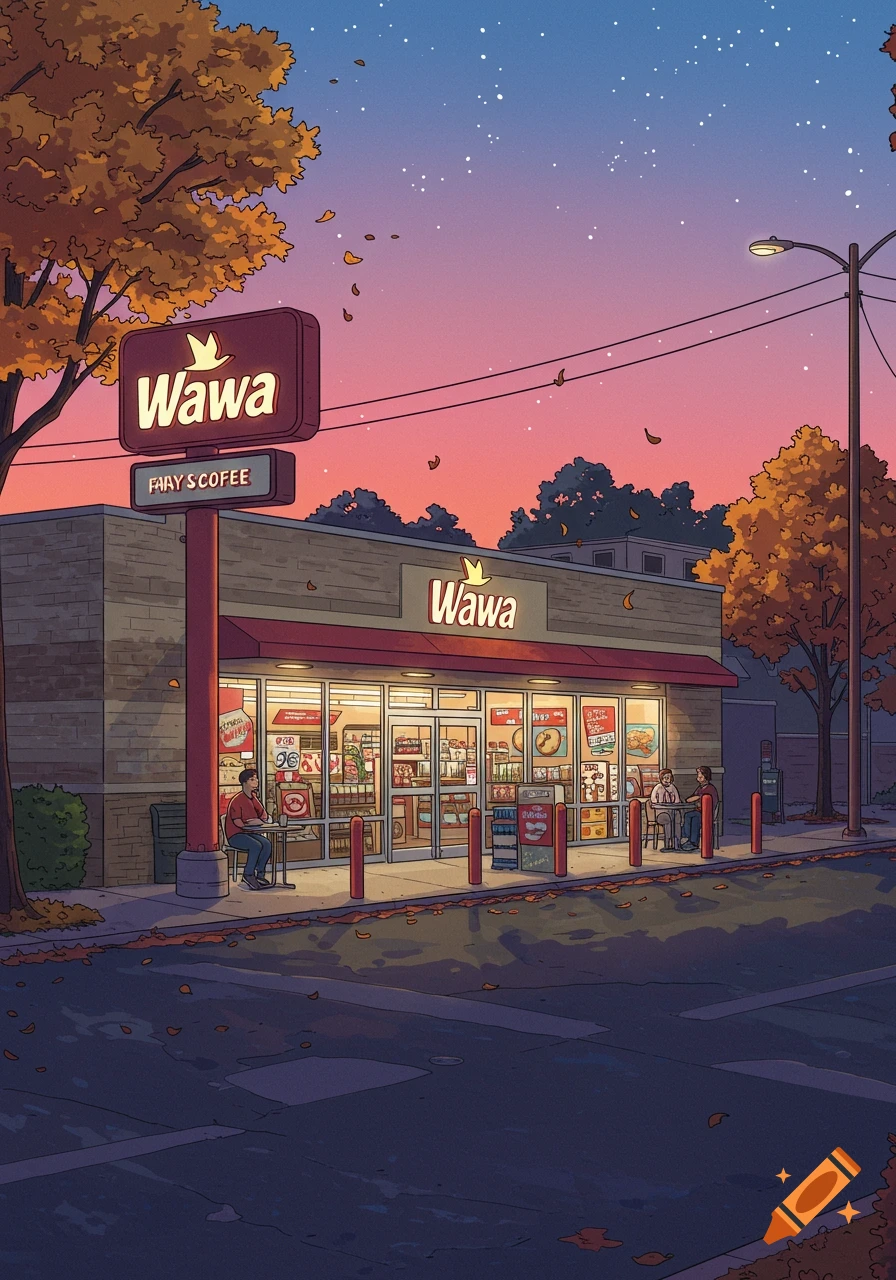 A stylized illustration of a Wawa convenience store at dusk with autumn leaves scattered on the ground.