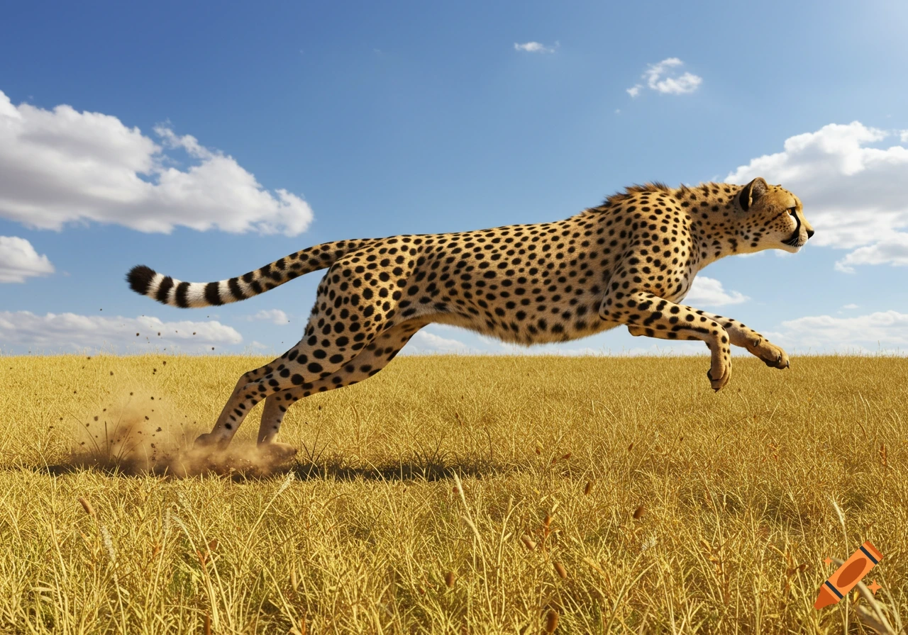 A photorealistic cheetah running through dry grass under a blue sky.