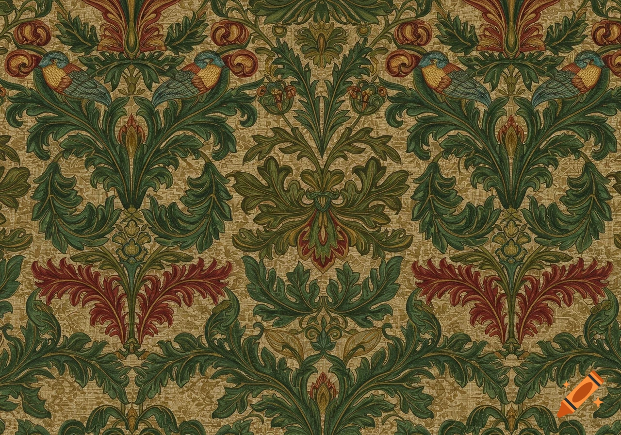 A seamless Jacobean pattern featuring intricate green and red foliage, with pairs of blue and yellow birds, on a textured beige background.