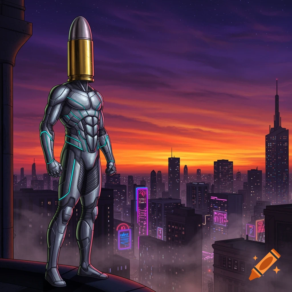 A bullet-headed superhero in a silver suit with glowing blue lines stands on a rooftop overlooking a futuristic city at sunset, digital art.