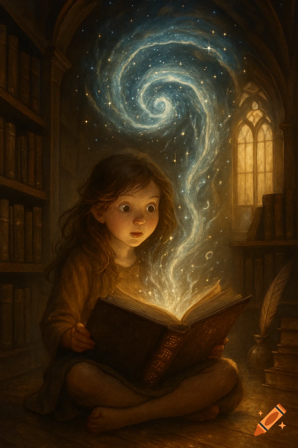 A young girl sits on the floor in a dim library, captivated by a glowing book that emanates a swirling, starry cosmic portal.