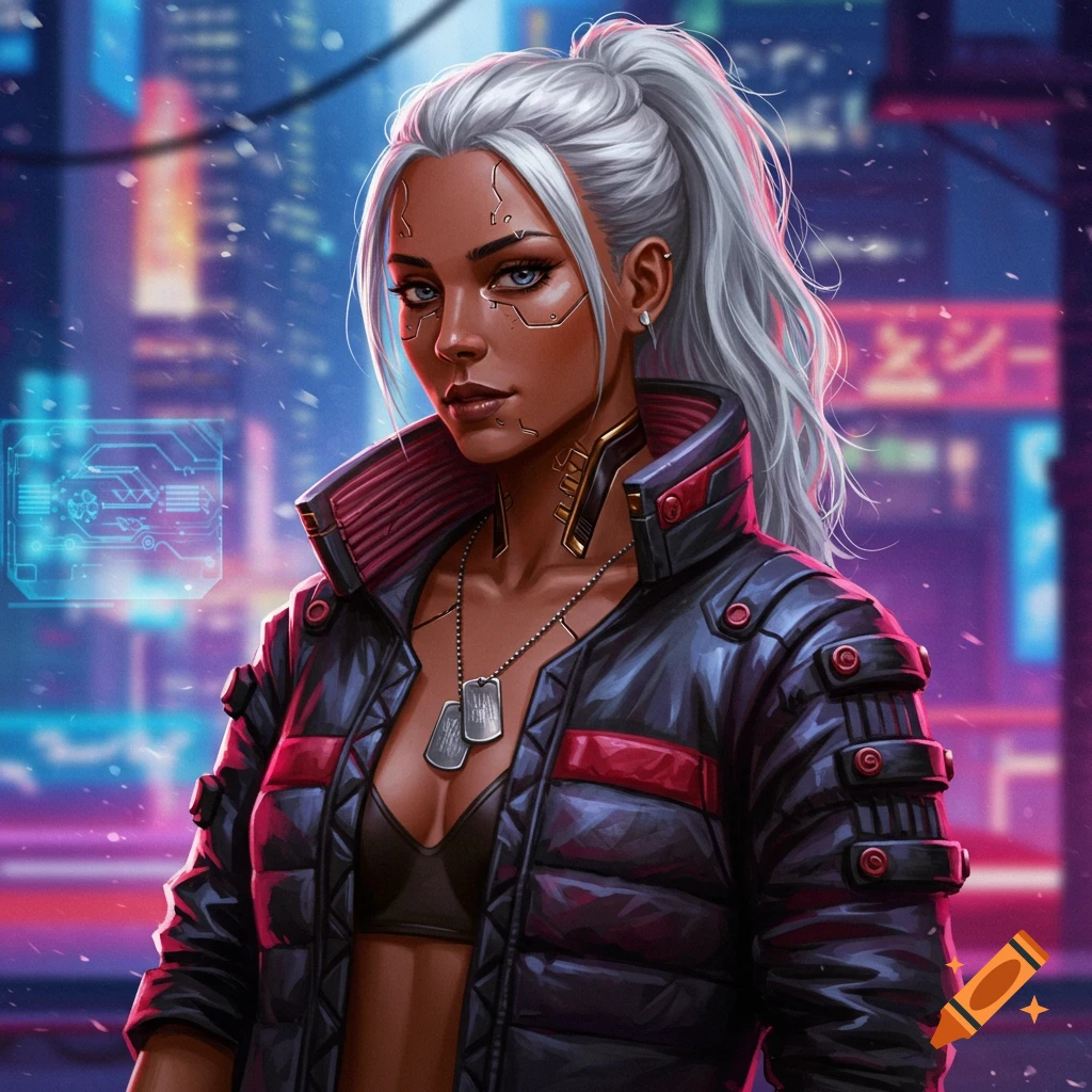 A woman with silver hair and cybernetics in a black and red jacket stands in a neon cyberpunk city.