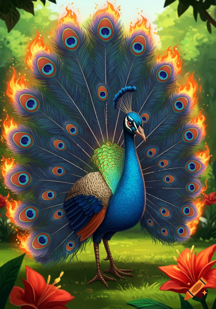 An animated peacock with vibrant blue and green feathers displays its tail, which is tipped with bright orange flames, in a lush green forest with red flowers.