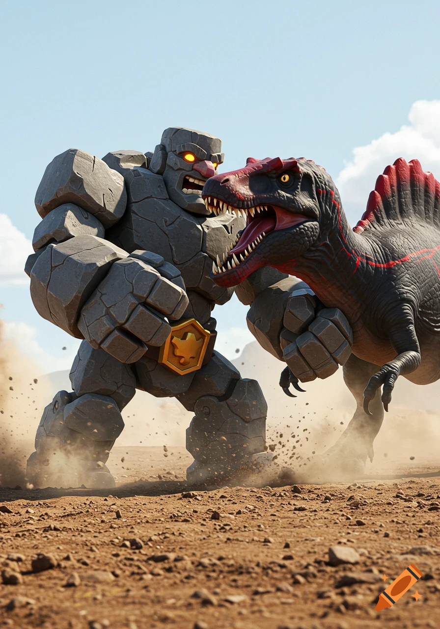 A grey rock golem with glowing eyes battles a black and red spinosaurus in a dusty desert landscape.