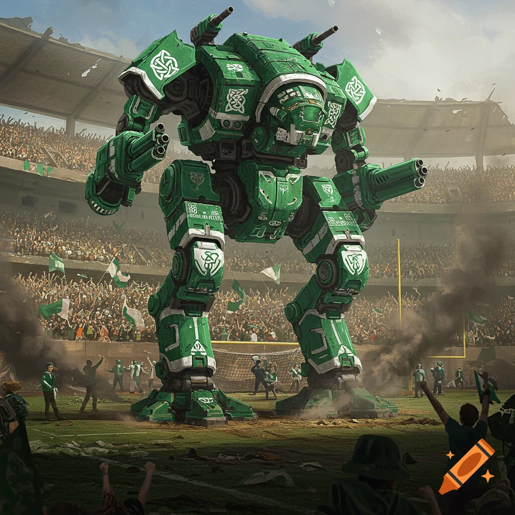 A massive green battlemech with Celtic knot designs stands in a ruined football stadium filled with cheering crowds and smoke.