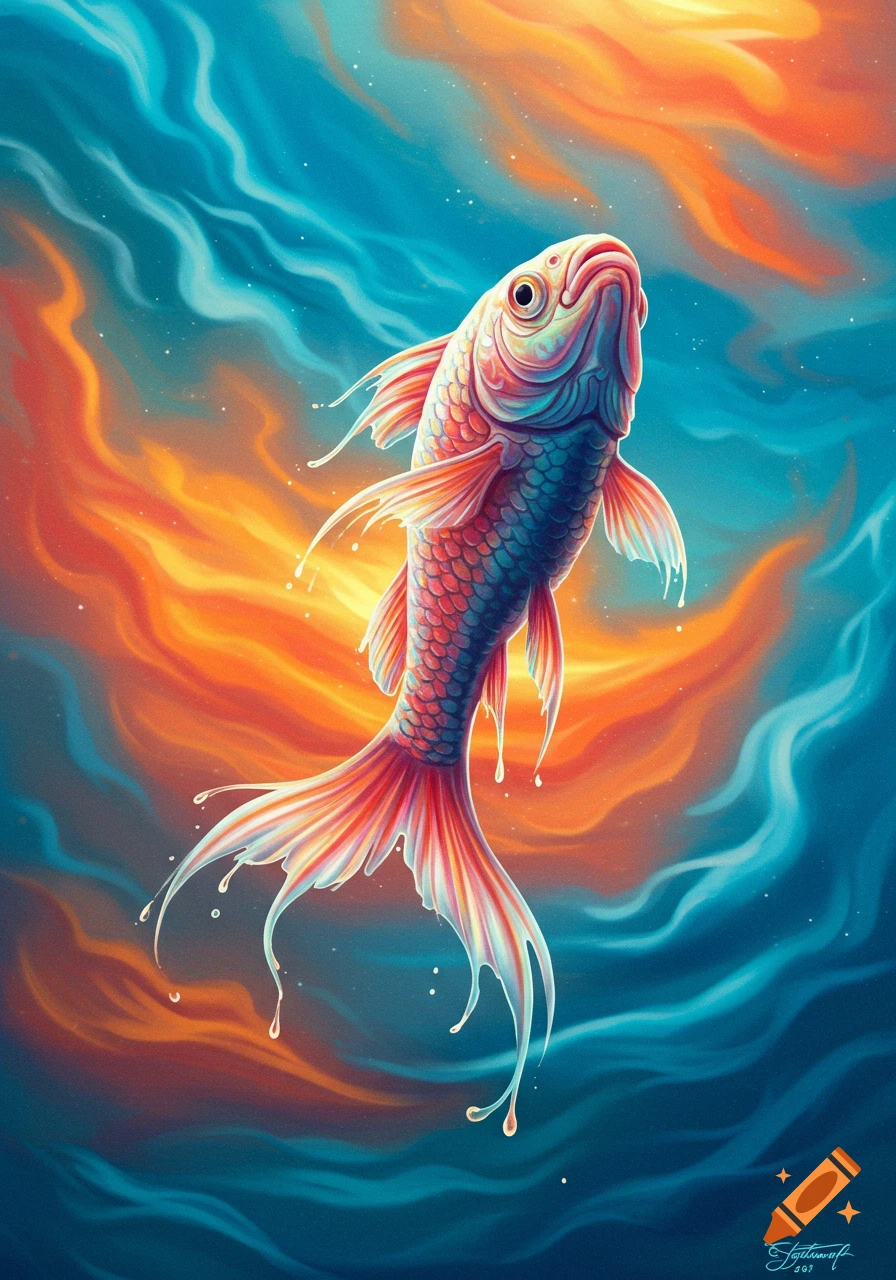 A vibrant, stylized fish swims upward in a colorful abstract background of blue and orange swirling patterns.
