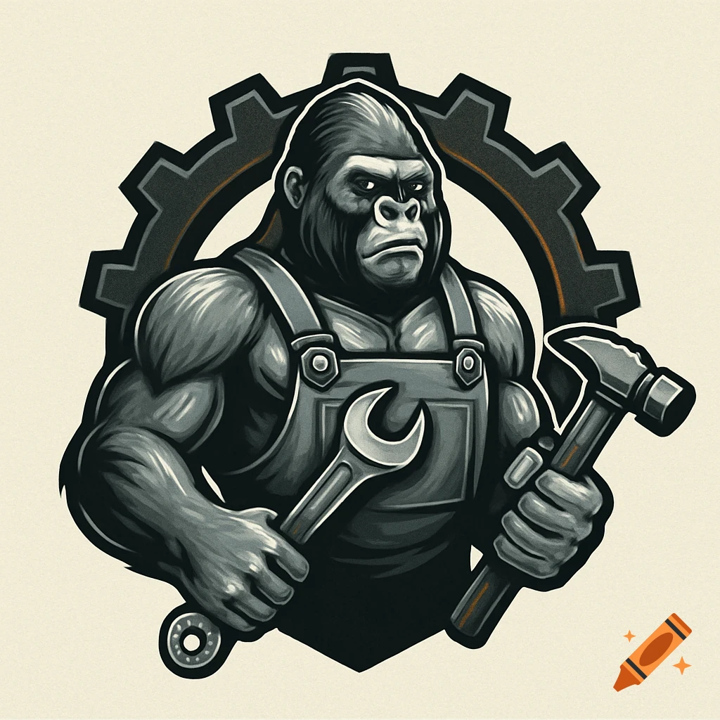 Stylized logo of a muscular gorilla in overalls holding a wrench and hammer with a gear in the background.
