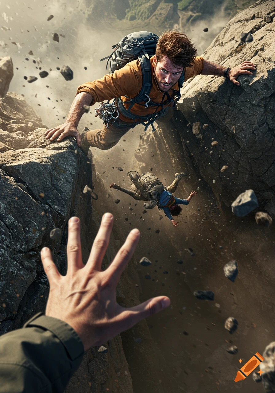 First-person view of a hand reaching up towards a person struggling on a cliff edge, as another person falls into an abyss below, photorealistic.