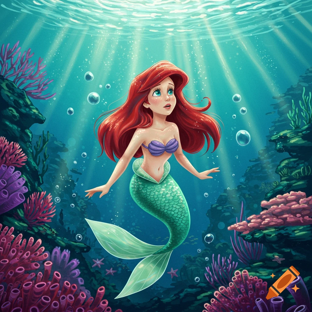 Ariel the Little Mermaid swims underwater amidst colorful coral and bubbles, with sunlight streaming from above.