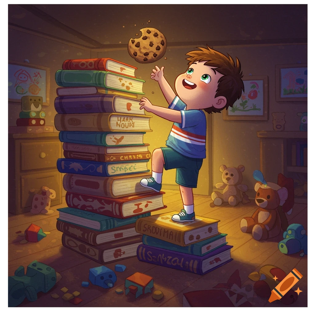 Cartoon boy climbing a stack of books to reach for a floating chocolate chip cookie in a dimly lit room.