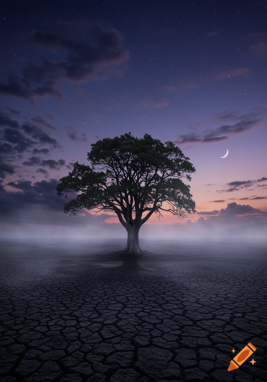 A single tree stands on cracked earth under a starry twilight sky with a crescent moon.