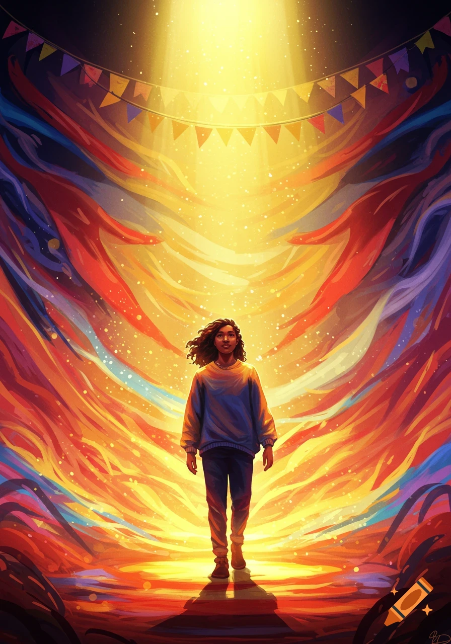 A person stands in a vibrant, abstract scene, bathed in golden light with colorful ribbons and sparkling particles.