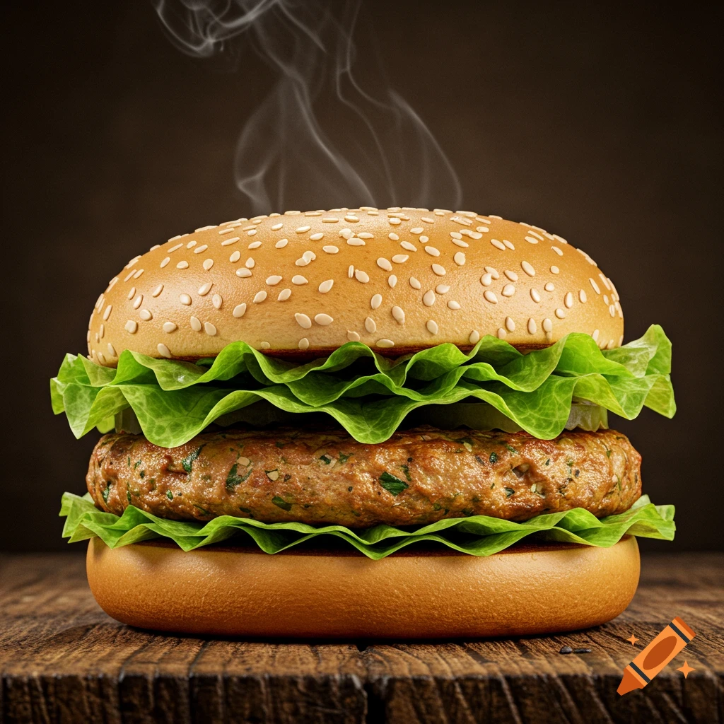 A steaming chicken burger with lettuce and sesame seed buns on a wooden table, in a photorealistic style.