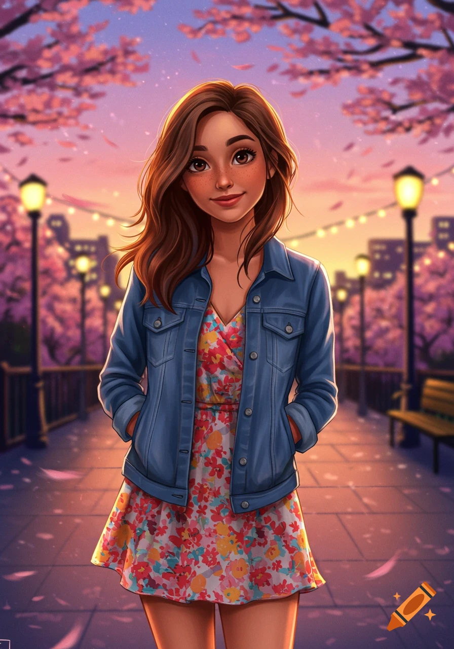 An illustrated portrait of a young woman with brown hair and freckles, wearing a floral dress and denim jacket, standing on a cherry blossom-lined path at sunset.
