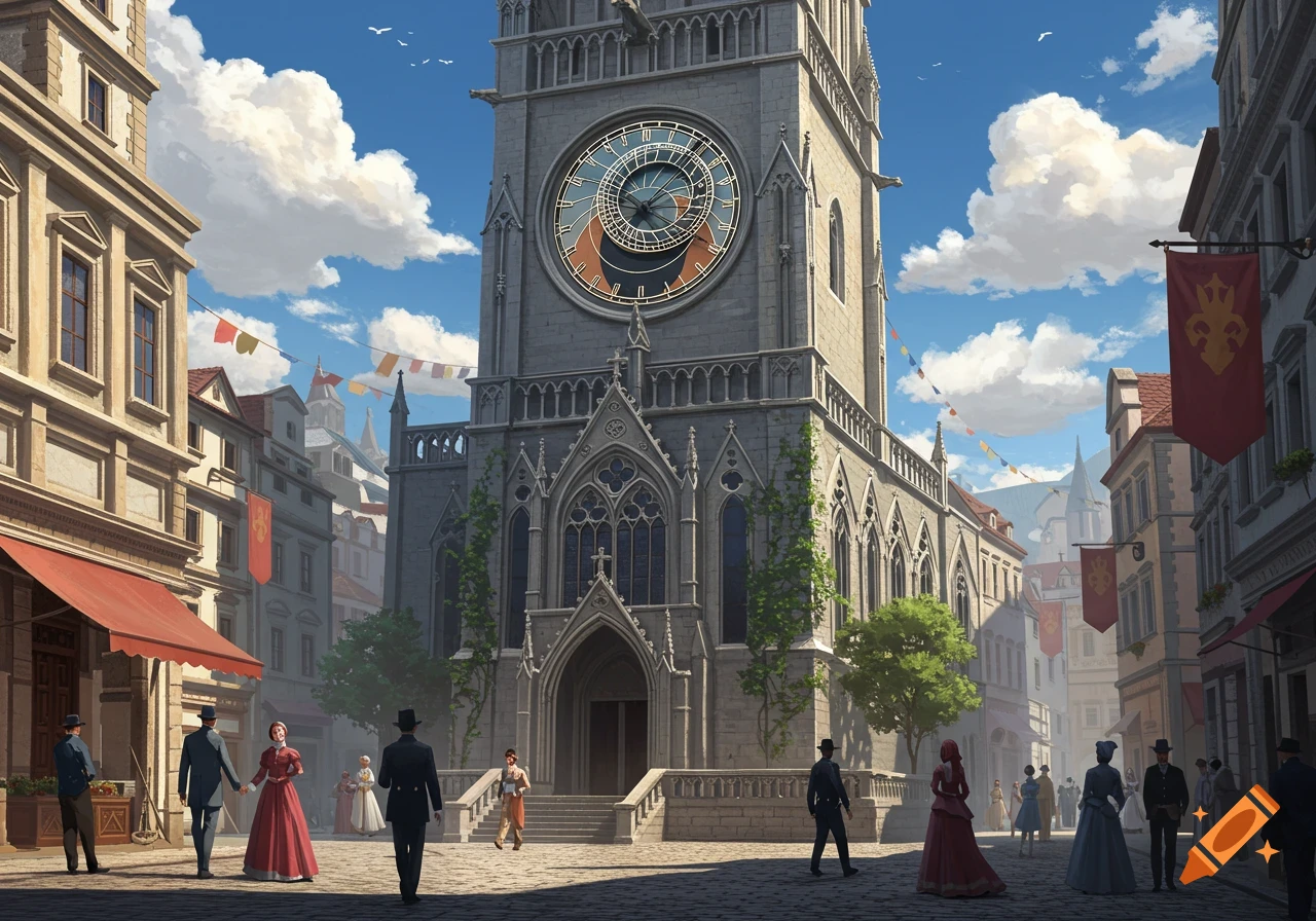 A large stone clock tower dominates a bustling town square, surrounded by detailed buildings and people in period attire under a blue sky.