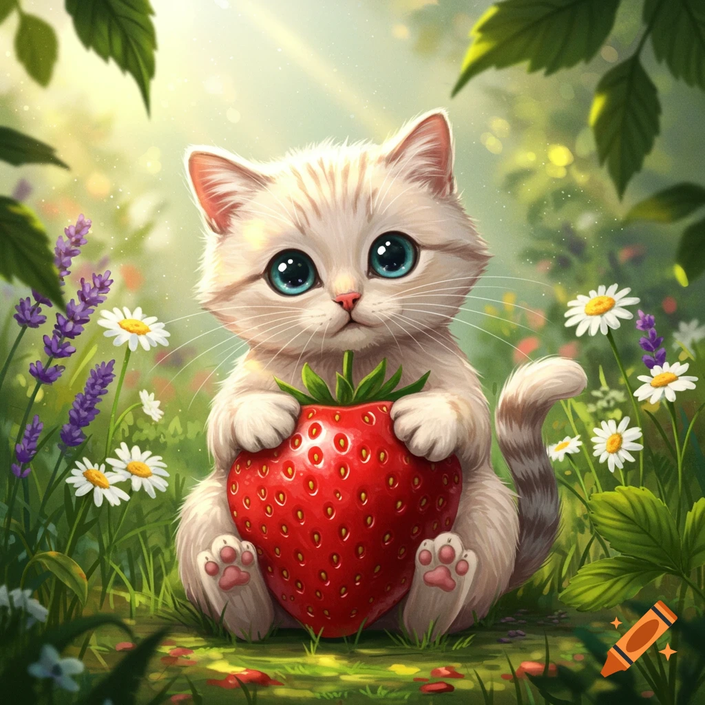A cute white kitten with big blue eyes sits in a sunny garden, holding a large red strawberry.